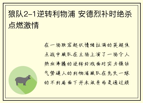 狼队2-1逆转利物浦 安德烈补时绝杀点燃激情