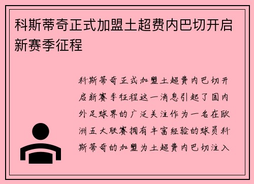 科斯蒂奇正式加盟土超费内巴切开启新赛季征程