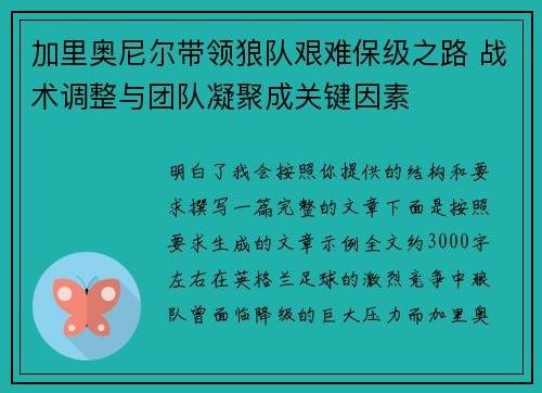 加里奥尼尔带领狼队艰难保级之路 战术调整与团队凝聚成关键因素